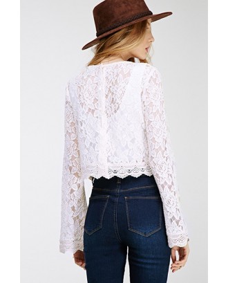 White Flare Sleeve Dressy Lace Crop Top