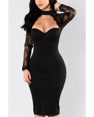 Black Floral Lace Long Sleeve Cutout Halter Beautiful Bodycon Dress