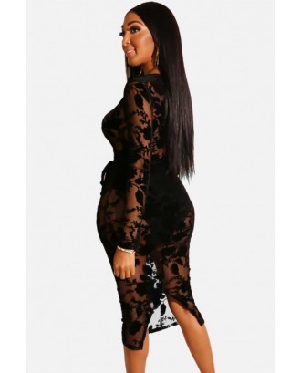 Black V Neck Sheer Long Sleeve Beautiful Bodycon Midi Lace Dress