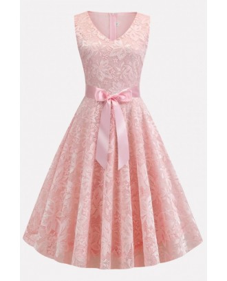Pink V Neck Sleeveless Vintage A Line Lace Dress