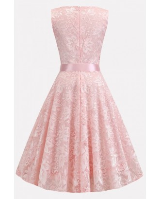 Pink V Neck Sleeveless Vintage A Line Lace Dress