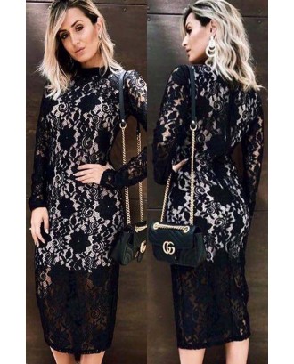 Black Hollow Lace Crochet Long Sleeve Beautiful Midi Party Dress