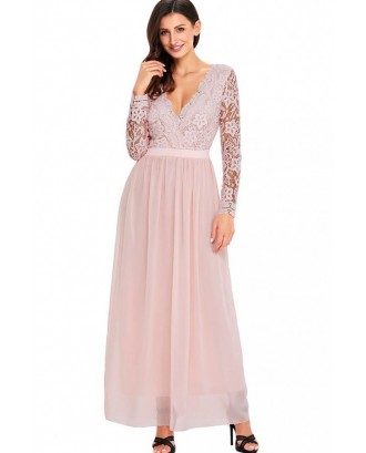 Nude Plunging Hollow Lace Open Back Beautiful Maxi Party Dress