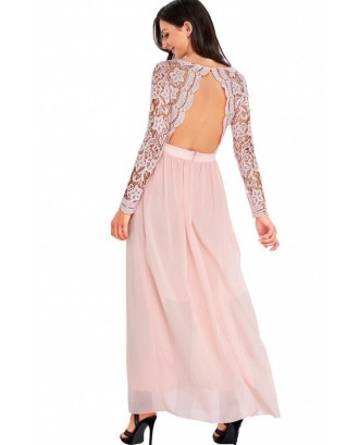 Nude Plunging Hollow Lace Open Back Beautiful Maxi Party Dress