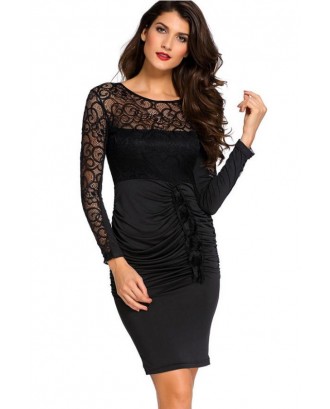 Black Hollow Lace V Back Ruched Long Sleeve Beautiful Bodycon Party Dress