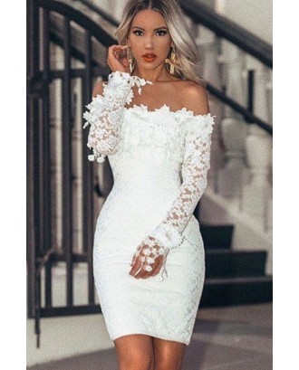 White Off Shoulder Long Sleeve Beautiful Lace Bodycon Dress