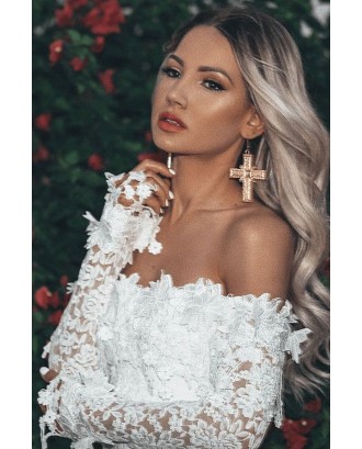 White Off Shoulder Long Sleeve Beautiful Lace Bodycon Dress