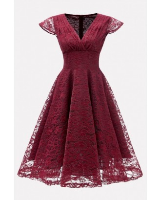 Dark-red V Neck Flutter Sleeve Beautiful A Line Lace Dress