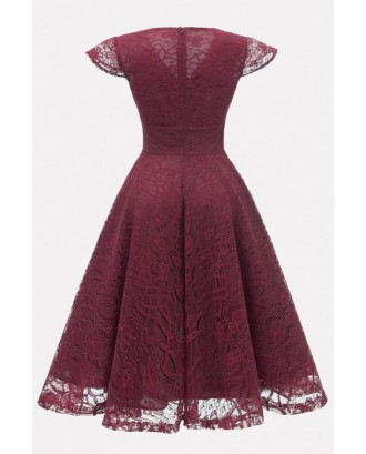 Dark-red V Neck Flutter Sleeve Beautiful A Line Lace Dress