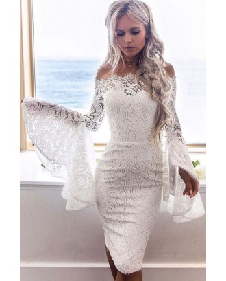 Off Shoulder Hollow Lace Overlay Flare Sleeve Beautiful Bodycon Party Dress