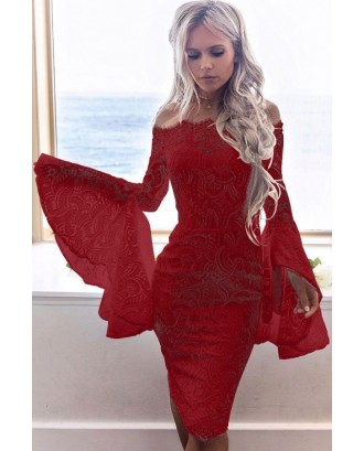 Off Shoulder Hollow Lace Overlay Flare Sleeve Beautiful Bodycon Party Dress