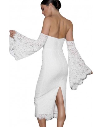 White Strapless Flare Sleeve Backless Beautiful Midi Lace Dress