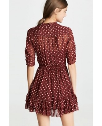 Dark-red Polka Dot Tied Ruffles Hem Vintage A Line Dress