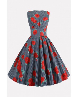 Dark-blue Stripe Floral Print Button Up Vintage A Line Dress