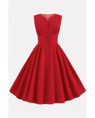 Red Polka Dot Button Up Vintage A Line Dress