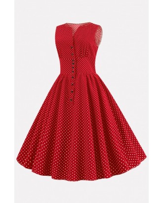 Red Polka Dot Button Up Vintage A Line Dress
