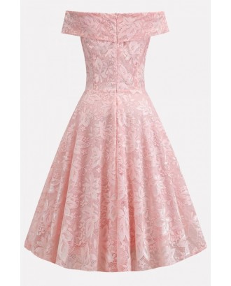 Pink Off Shoulder Vintage A Line Lace Dress