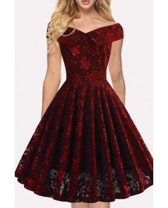 Dark-red Off Shoulder Vintage A Line Lace Dress