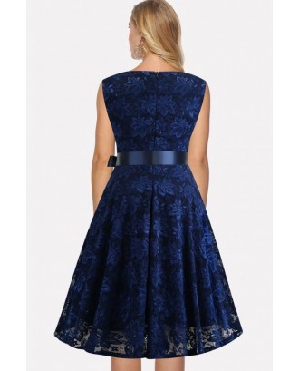 Dark-blue V Neck Sleeveless Vintage A Line Lace Dress