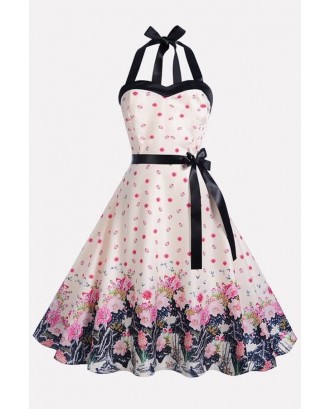 Pink Floral Print Sweetheart Belted Vintage Flare Dress
