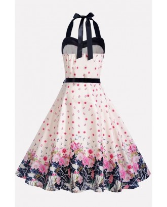 Pink Floral Print Sweetheart Belted Vintage Flare Dress