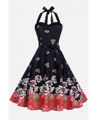 Black Floral Print Sweetheart Belted Vintage Flare Dress
