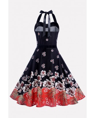 Black Floral Print Sweetheart Belted Vintage Flare Dress