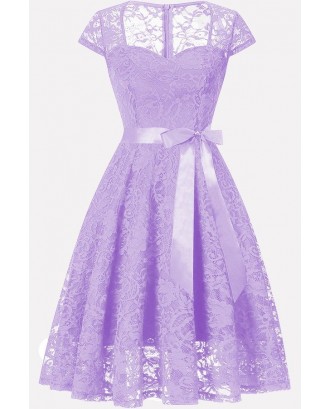 Light-purple Square Neck Tied Cap Sleeve Chic Party Lace Dress