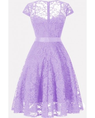 Light-purple Square Neck Tied Cap Sleeve Chic Party Lace Dress