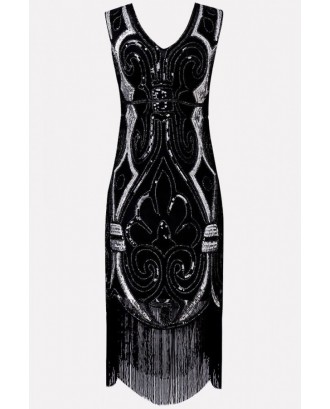 Black Sequin Tassels Sleeveless Vintage Dress