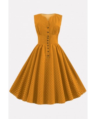 Orange Polka Dot Button Up Vintage A Line Dress