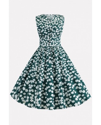 Dark-green Floral Print Button Up Vintage A Line Dress