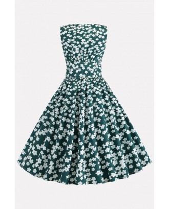 Dark-green Floral Print Button Up Vintage A Line Dress