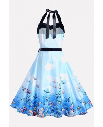 Light-blue Floral Print Sweetheart Belted Vintage Flare Dress