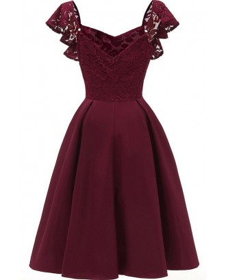Dark-red V Neck Lace Sleeveless Retro A Line Dress