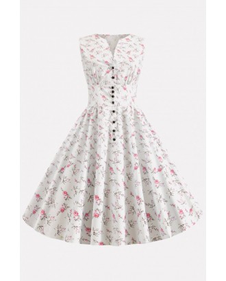 White Floral Print Button Up Vintage A Line Dress