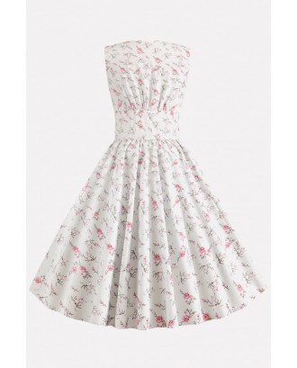 White Floral Print Button Up Vintage A Line Dress