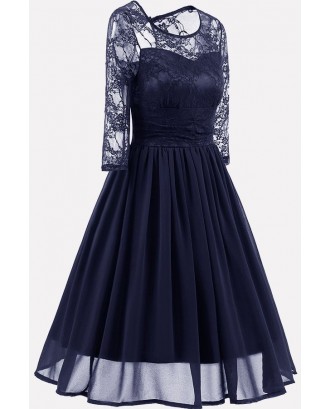Dark-blue Floral Lace Keyhole Chic A Line Chiffon Dress