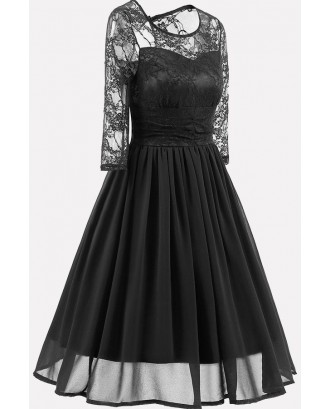 Black Floral Lace Keyhole Chic A Line Chiffon Dress