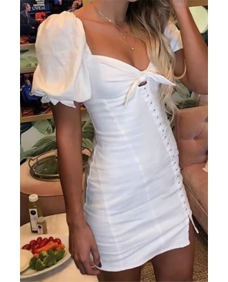 White Knotted Hook Up Puff Sleeve Vintage Bodycon Dress