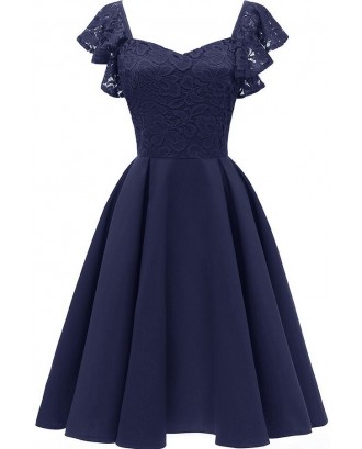 Dark-blue V Neck Lace Sleeveless Retro A Line Dress