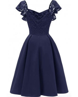 Dark-blue V Neck Lace Sleeveless Retro A Line Dress