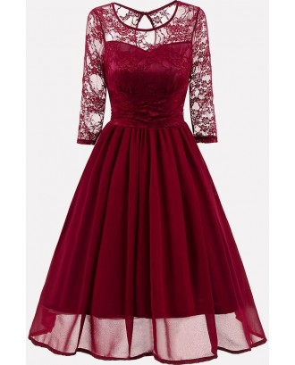 Dark-red Floral Lace Keyhole Chic A Line Chiffon Dress