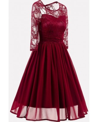 Dark-red Floral Lace Keyhole Chic A Line Chiffon Dress