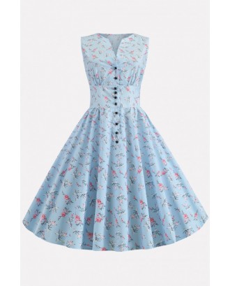 Light-blue Floral Print Button Up Vintage A Line Dress