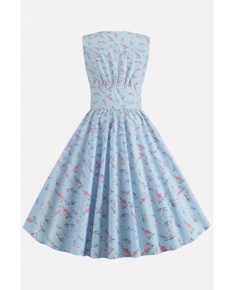 Light-blue Floral Print Button Up Vintage A Line Dress