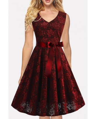 Dark-red V Neck Sleeveless Vintage A Line Lace Dress