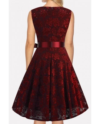 Dark-red V Neck Sleeveless Vintage A Line Lace Dress