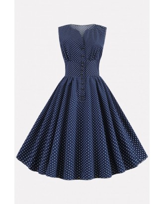 Dark-blue Polka Dot Button Up Vintage A Line Dress