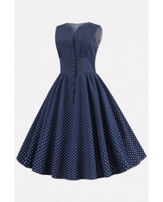 Dark-blue Polka Dot Button Up Vintage A Line Dress